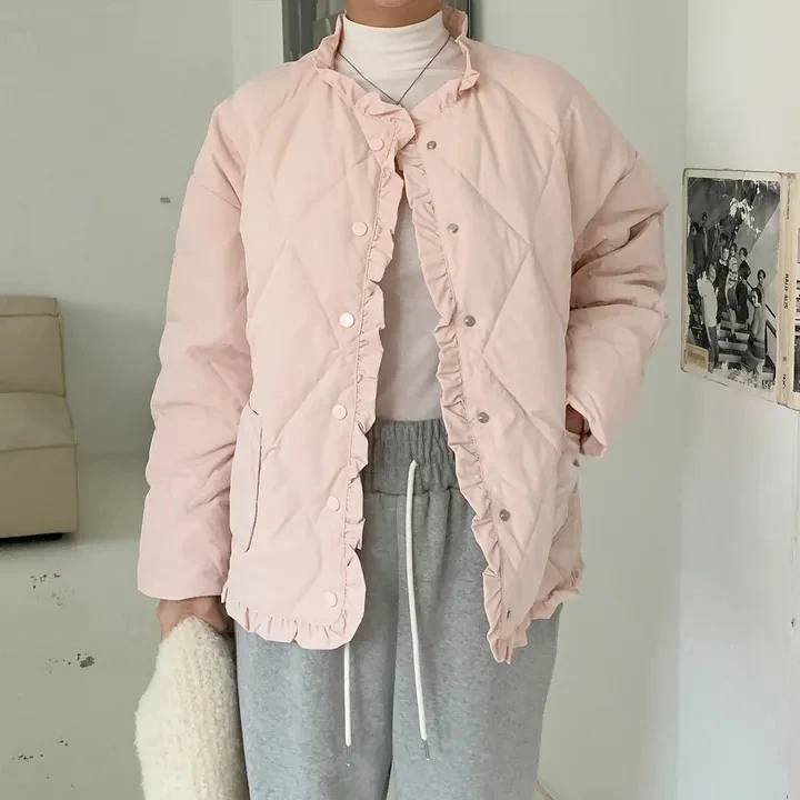 Chic Korean Style Women's Cotton Jacket Sweet Soft Wood Grain  Diamond Pattern Single Button Simple Cotton Coat for Autum...