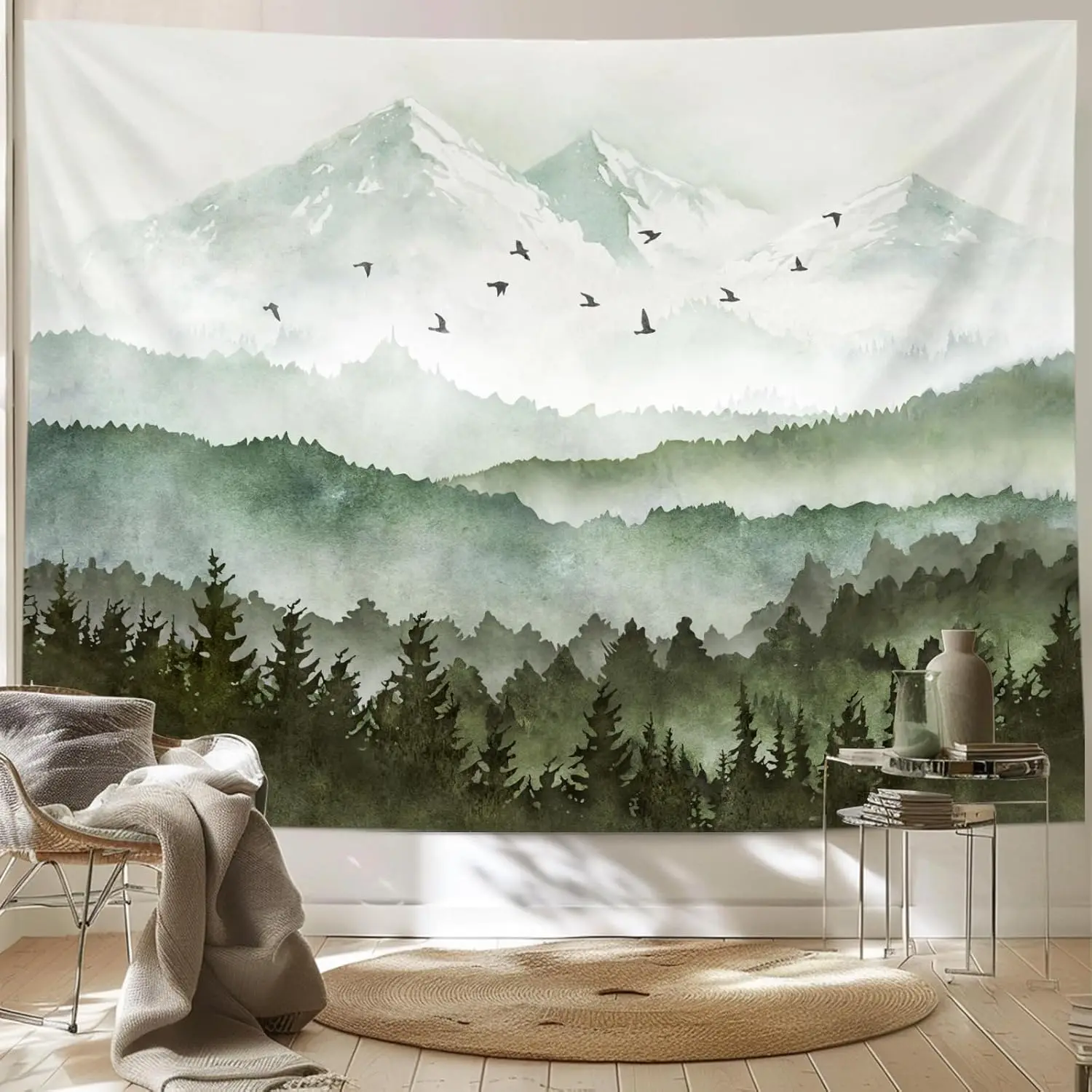 Misty Foggy Watercolor Scenery Art Wall Tapestries, Nature Scenery Tapestry for Bedroom Living Room Backdrop Teal Blue