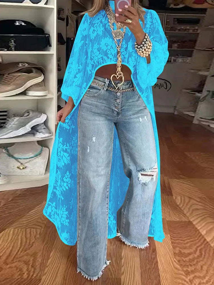 

Half High Collar See Through Chic Blouses, Women Spring Summer Long Sleeve Simple Tops, 2025 Lace Patchwork Solid Ladies Shirts