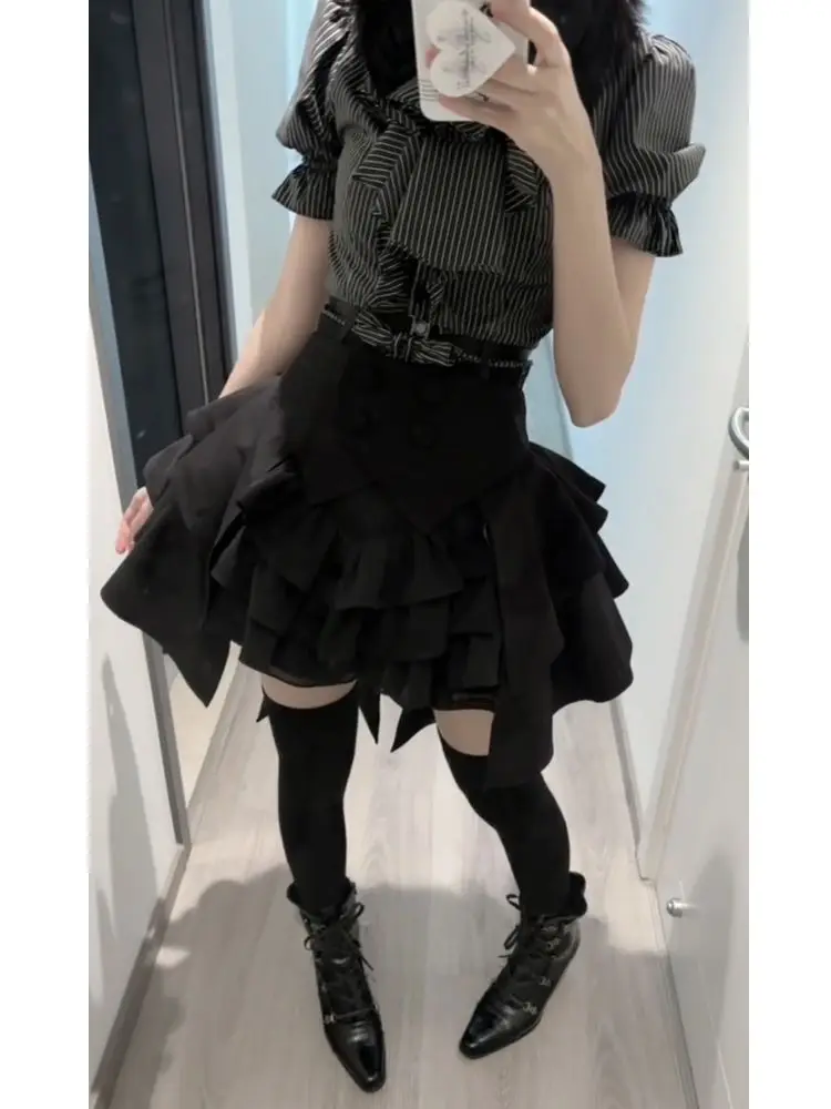 Japanese Gothic Lolita Subculture 3 Piece Set Women Summer Slim Fit Striped Bow Puff Sleeve Ruffle Blouse Layered Mini Skirt - view 4