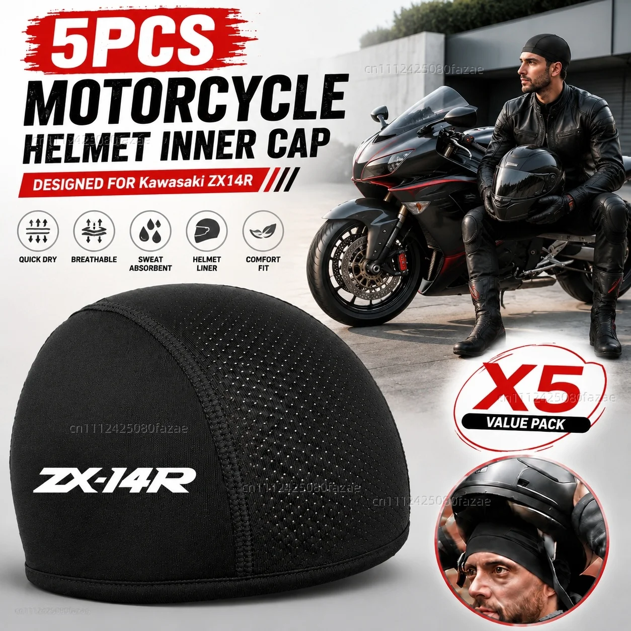 

5pcs Motorcycle Helmet Inner Cap Hat Quick Dry Breathable Hat Racing Cap Thin For Kawasaki ZX14R ZX 14R ZX14 R ZX 14 R 2006-2017