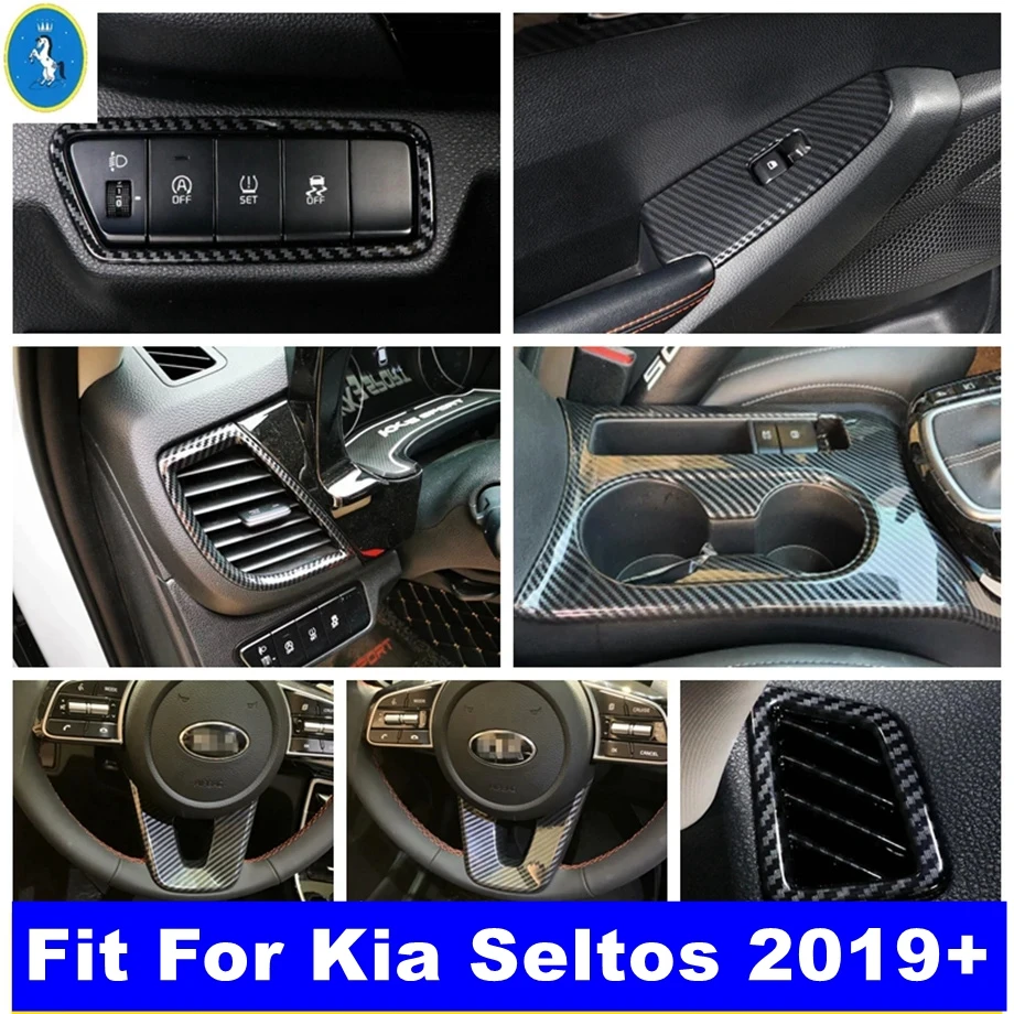 

Carbon Fiber Look Car Glass Lift Button / Steering Wheel / Gear Control Panel Accessories Cover Trim For Kia Seltos 2019 - 2022