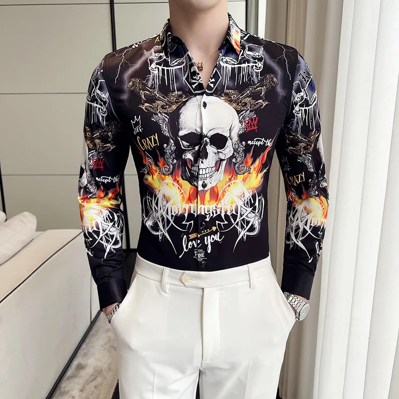 Men Vintage Slim Fit Long Sleeve Shirt Spring New Flame Skeleton Print White Shirts Business Casual Blusas Camisa Masculina 6XL