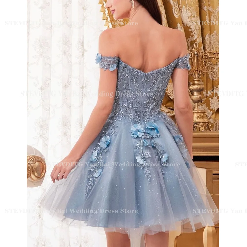 Nowe modne damskie suknie balowe wdzięku koronkowe aplikacje bez rękawów Off The Shoulder 3D kwiaty imprezowa, koktajlowa Mini suknia