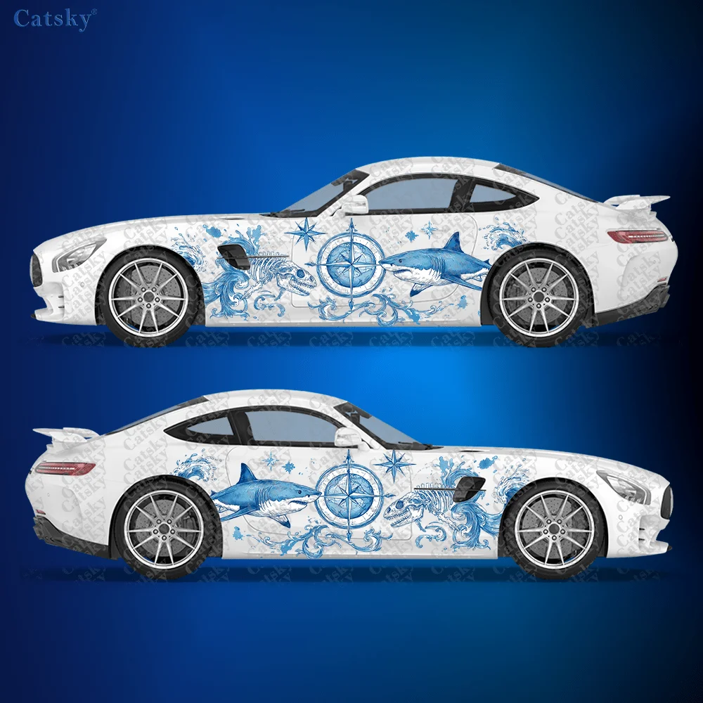 

2pcs Blue wave shark bone, compass sticker, suitable for cars and trucks, durable, fade-resistant, easy to install and remove -