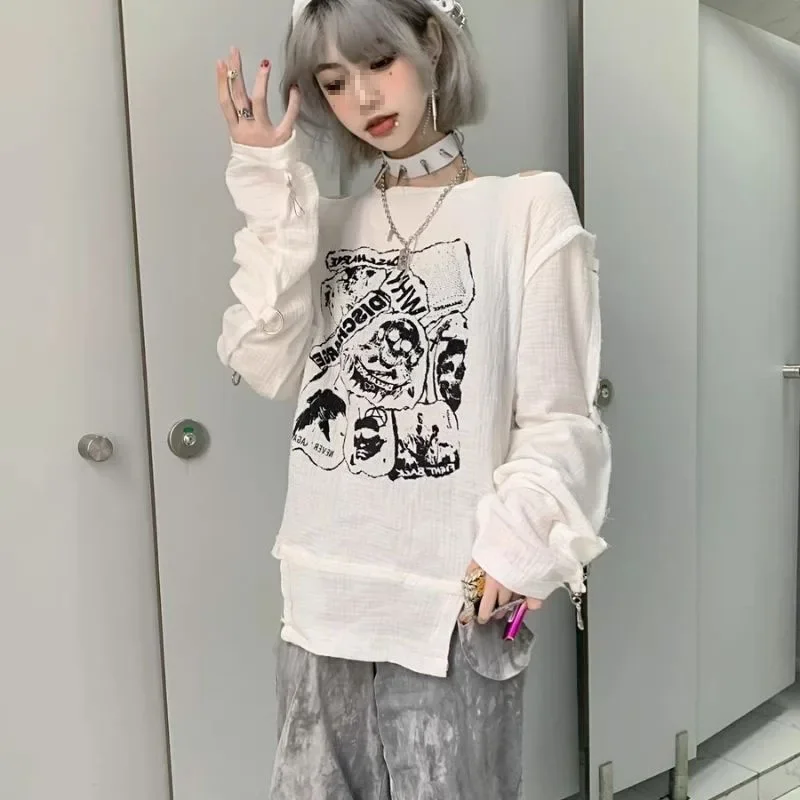Camisa de manga longa t japonês 2024 primavera casual feminino branco punk camisas longas harajuku fora do ombro goth subcultura blusa topos