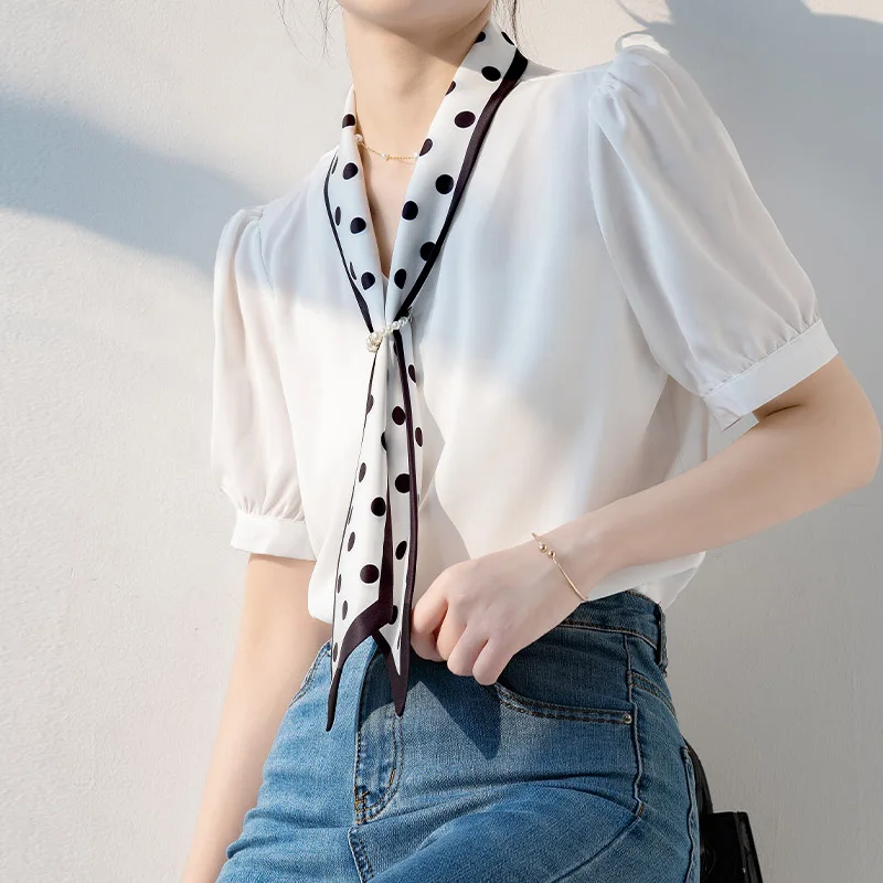 

Summer New High-End Satin Ribbon V-Neck Short Sleeve Shirt for Women Fashion Commuter Professional Top