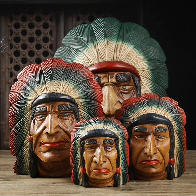 Wooden Figure Sculpture Decorations Chief Face Handicraft Decoration Bust Home Decor