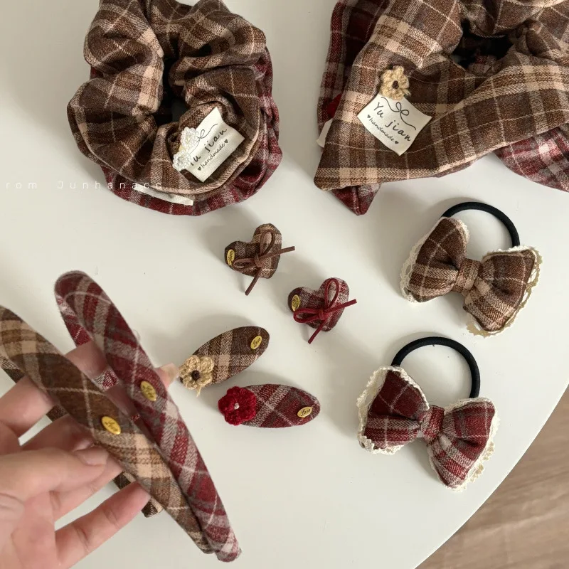 Red coffee plaid wool small flower hairpin hair accessories bow large intestine hair band  gentle versatile bangs clip headgear