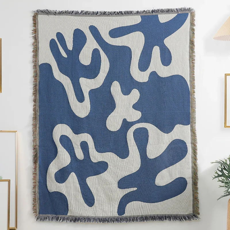 Matisse Abstract Leaf Jacquard Throw Blanket Blue White Modern Art Woven Tapestry with Fringe Bohemian Scandinavia Decor Throw
