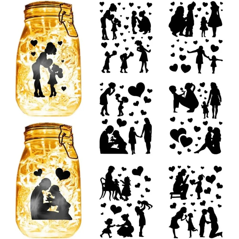 6 Sheets Mother's Day Mason Jar Decals Heart Stickers Die Cuts Silhouettes Self-Adhesive PVC Waterproof for Craft Scrapbook
