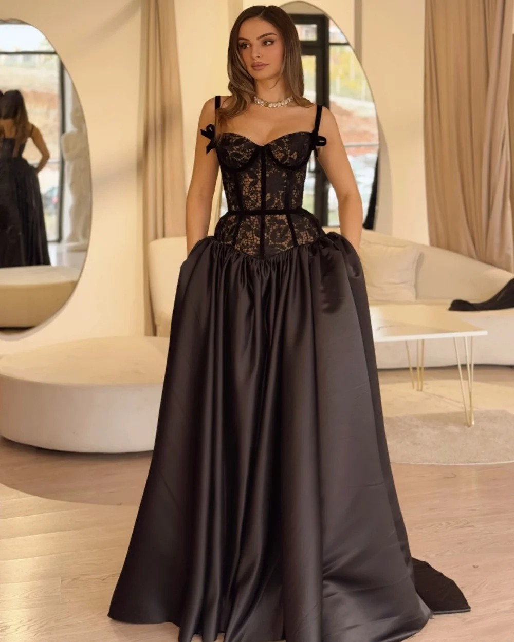 

Customized Elegant Formal Charmeuse Bow Lace A-line Spaghetti strap Long Dresses Bespoke Occasion Dresses Modern Style Classic