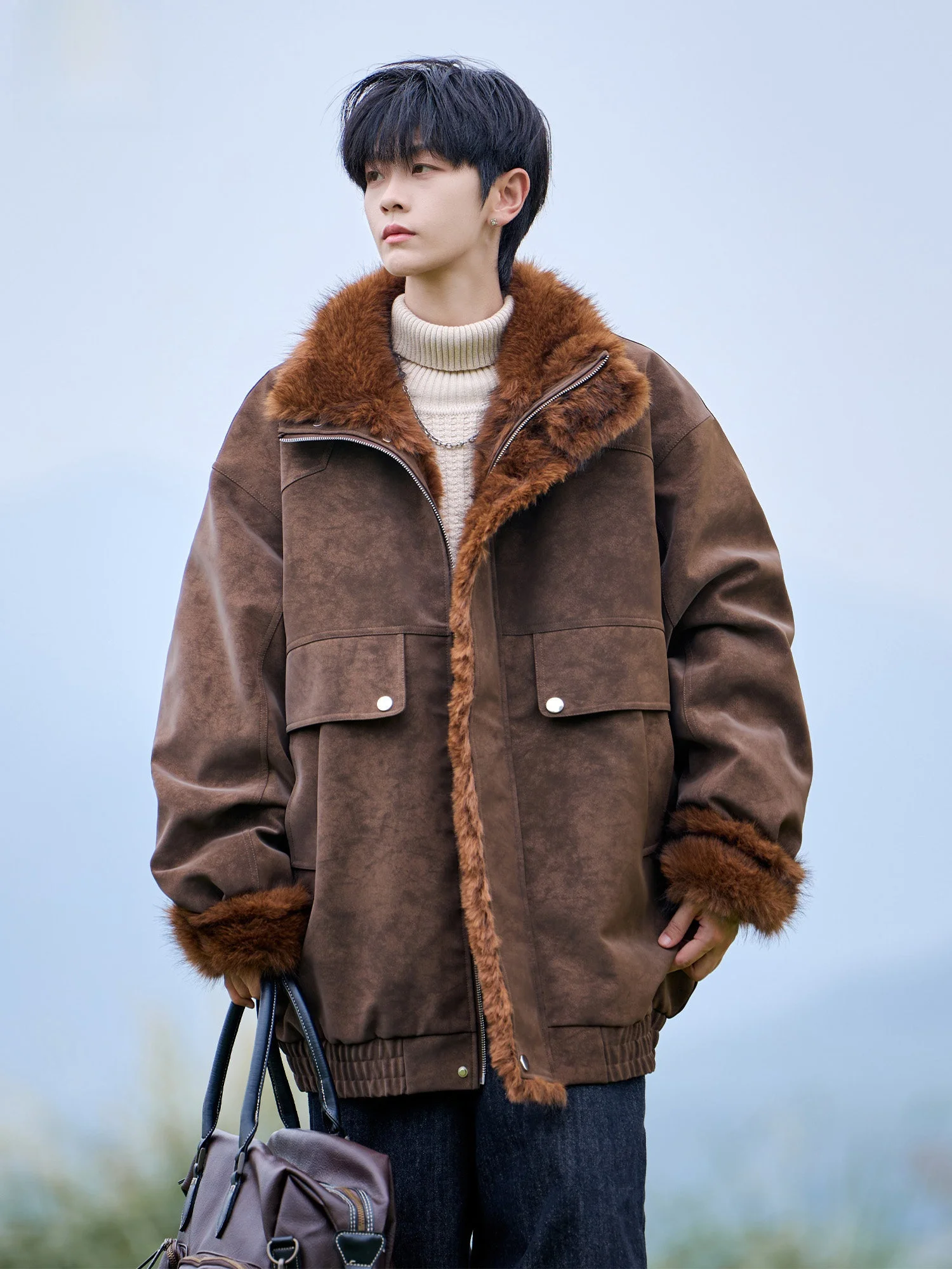 

Padded Cotton Jaet Men's Winter Thiened Oversize Fur Coated Casual Sle Zipper Closure Long Sve Warm Outerwear