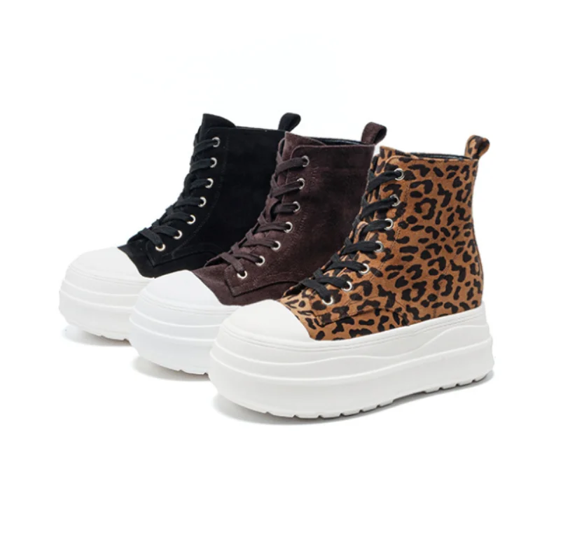 Botines de lona de caña alta con plataforma gruesa de 9 cm para mujer, novedad 2026, con cordones, en blanco y negro, de ante y PU, versátiles e informales.