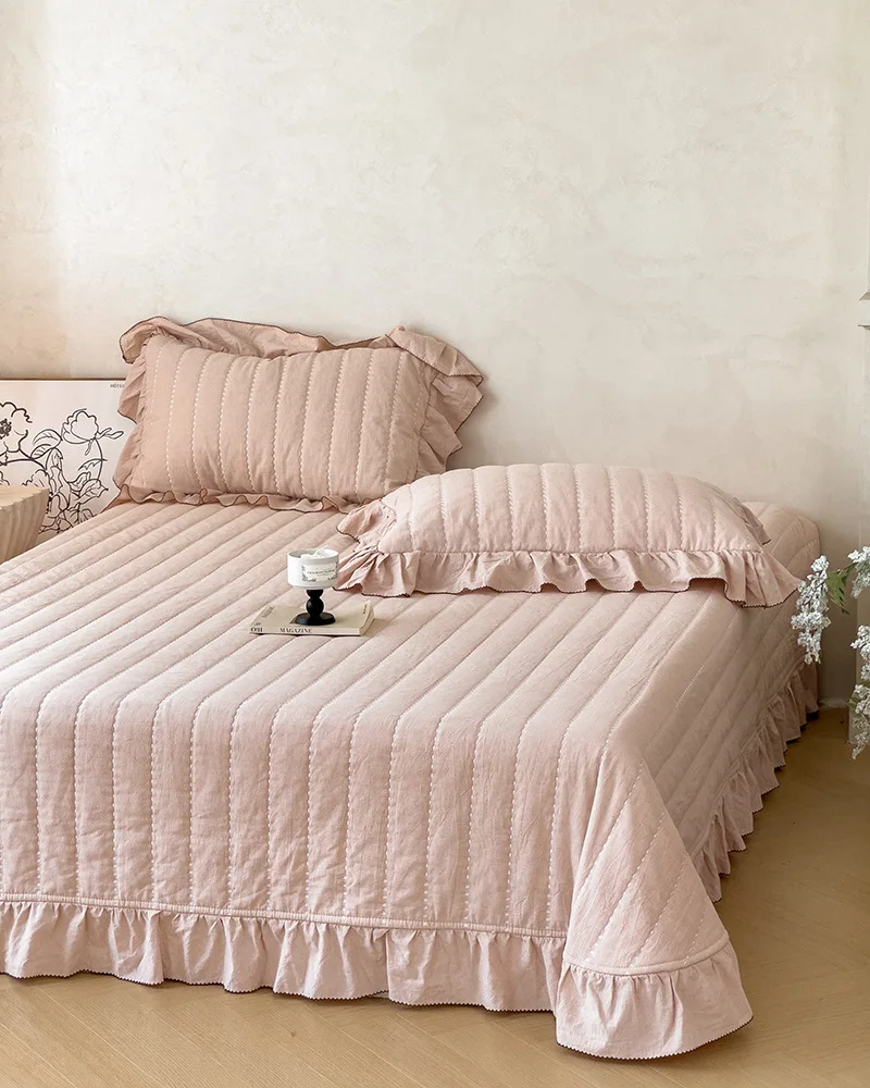 Soft Breathable Cotton Linen Quilt Set 3Pcs Luxury Multifunctional Duvet Cover Style Bed Coverlet Bedspread with Lace Home Decor