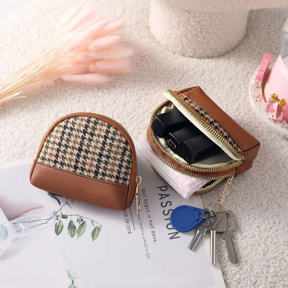 Houndstooth Fabric Embroidery Women Coin Purses Canvas Leather Card Holders Bags Double Layers Zipper Mini Key Wallet