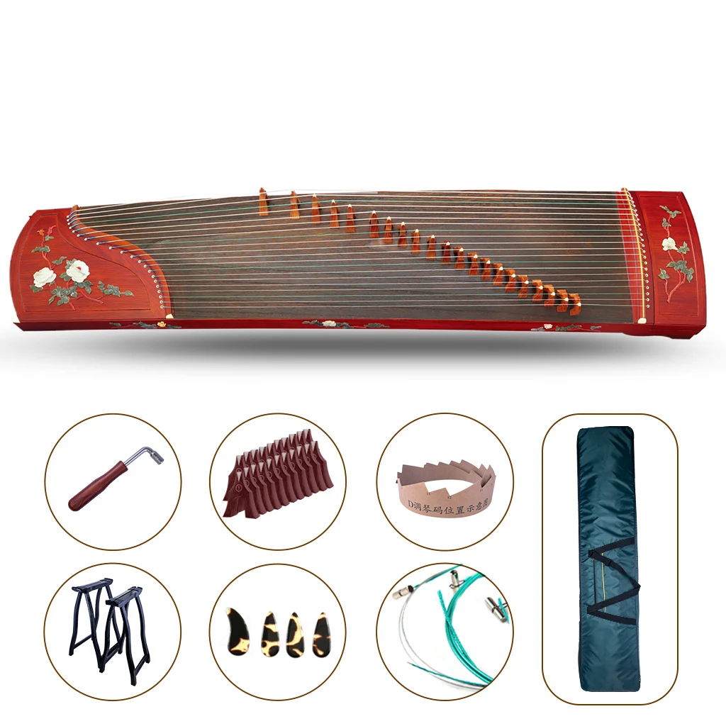 

LOOK Professional Test Performance 21 Strings Color Shell Digging Peony Carved Rosy Sandalwood Guzheng Chinese Zither Koto