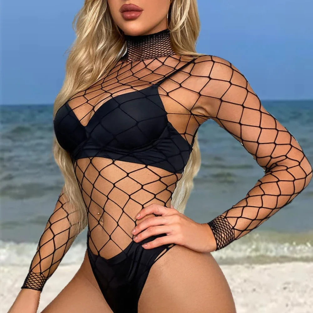 ملابس داخلية صيفية مثيرة للتستر بدون بيكيني شبكة صيد السمك ملابس داخلية نسائية ملابس بحر مفرغة ملابس سباحة للعطلات