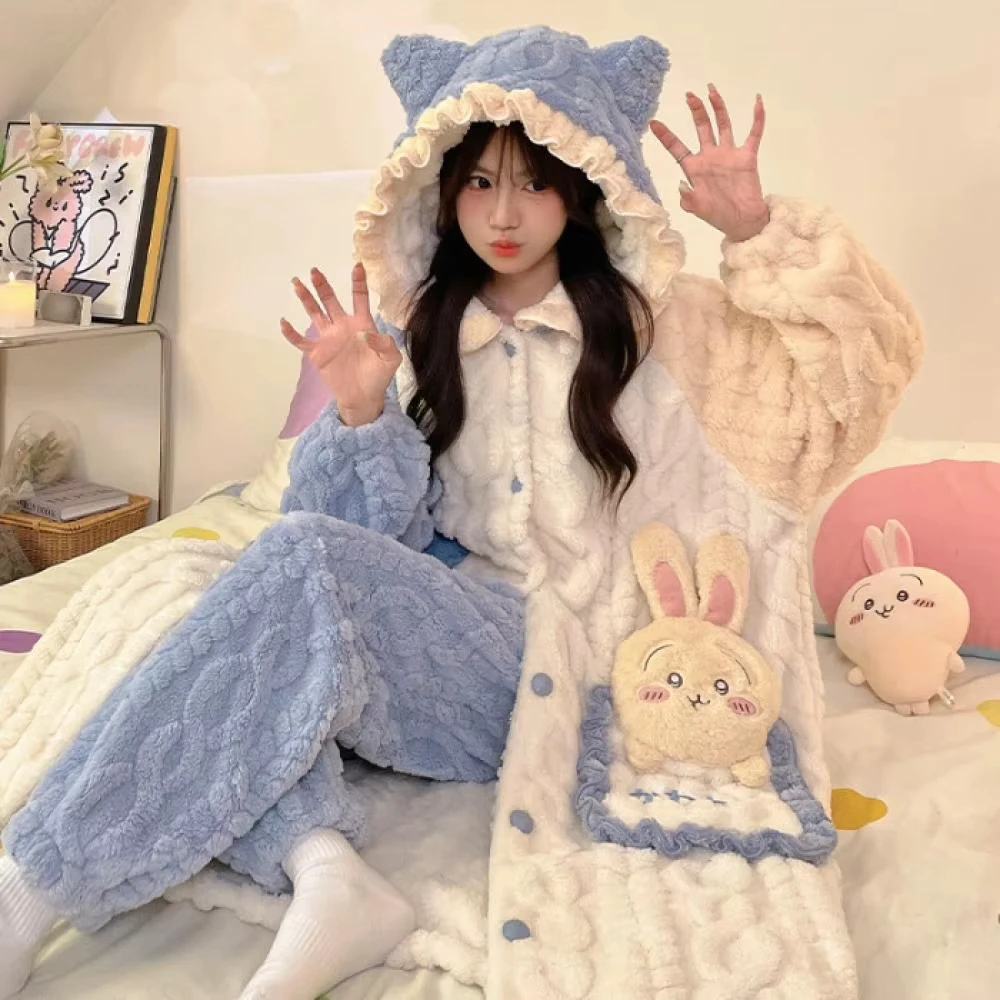 أنيمي سانريوس الكرتون Pochacco Kuromi المرأة أفخم منامة مجموعة لطيف المرجان الصوف الدافئة Homewear الشتاء الفتيات Kawaii ملابس النوم هدية
