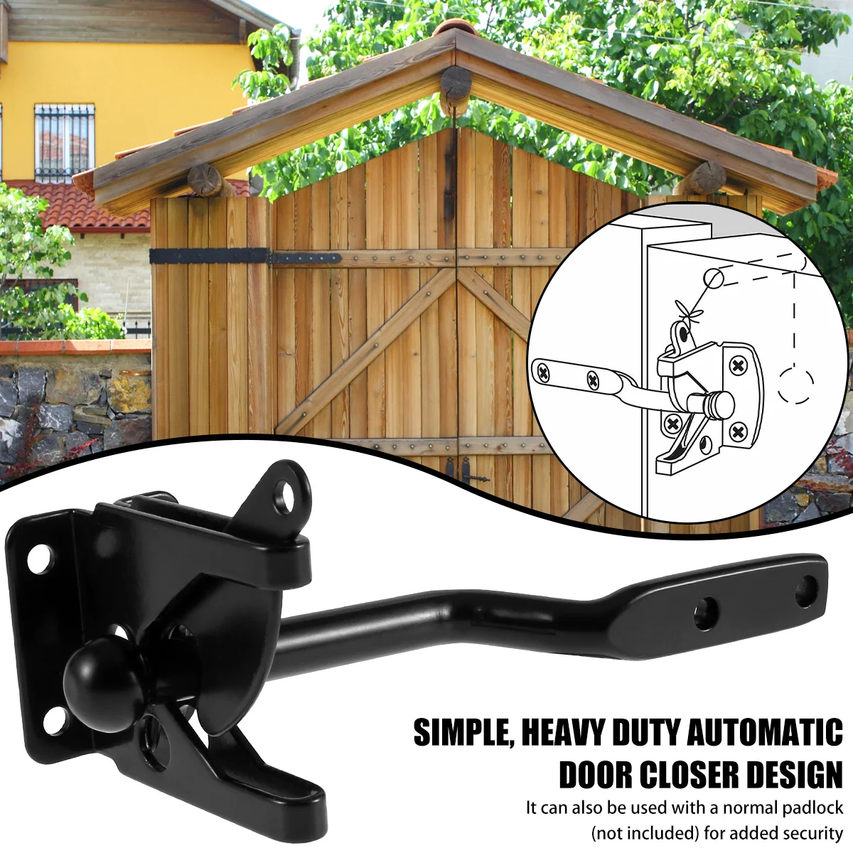 Self-Locking Gate Latch Carbon High Quality Steel Post Mounted Lever Locking Fence Gate Latch Catch Resistant Security Door Lock