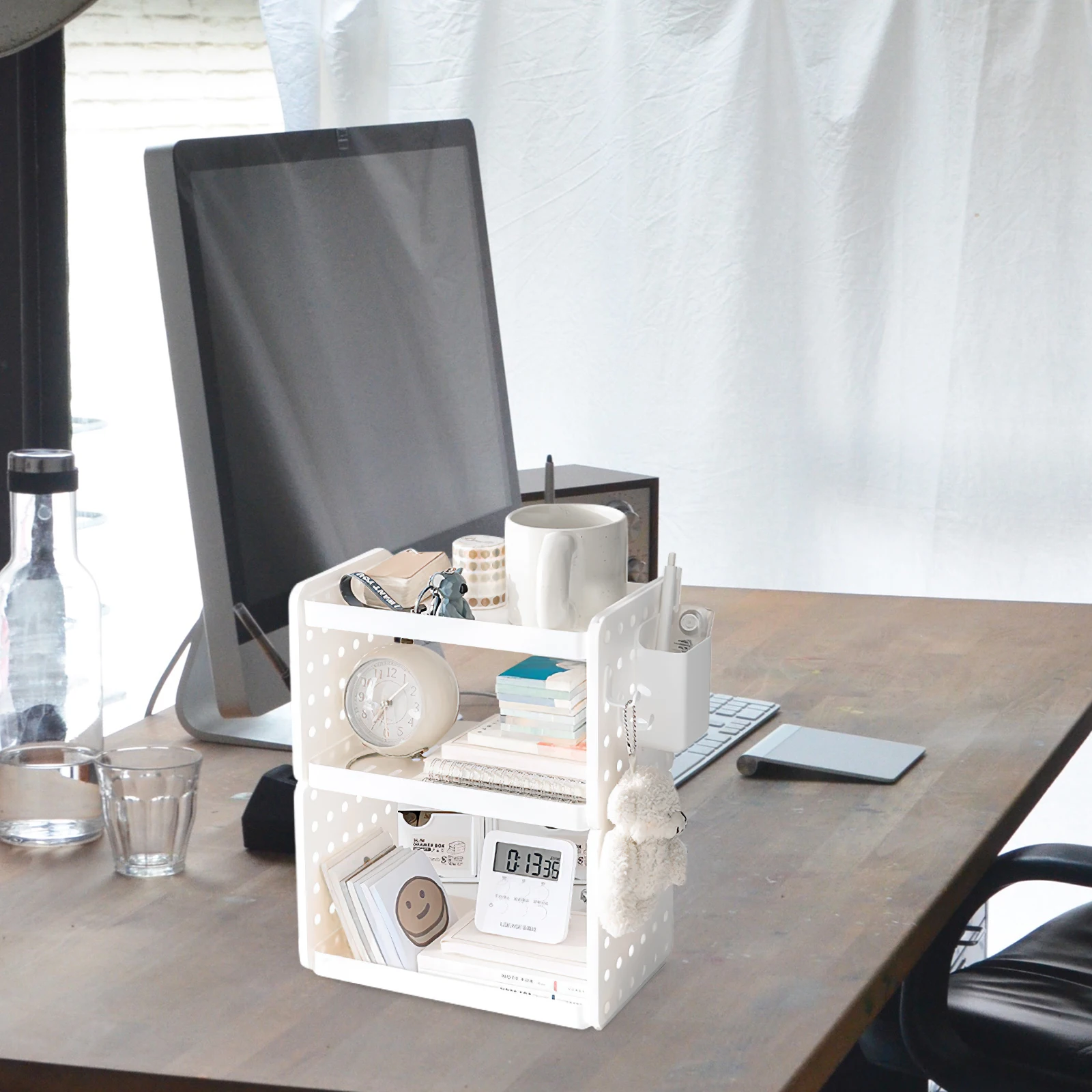 

Desktop Organizer White 2 Layer Desk Shelf Pen Holder Storage Rack Office Supplies Tabletop Neat Tidy Modern Design