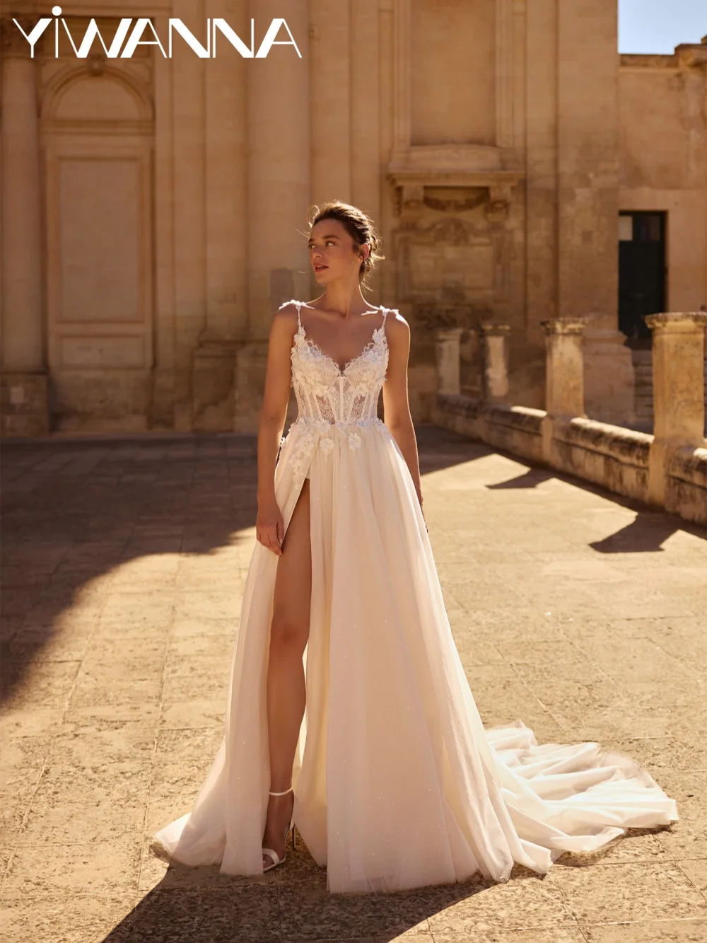 

Glimmering 3D Floral Lace Wedding Dress Attractive Vneck High Slit Bridal Gown Customized Thin Straps A-line Dresses For Bride