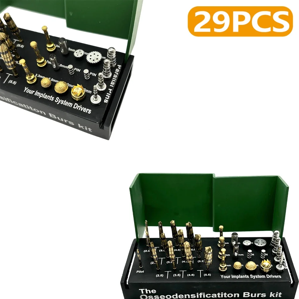 

29Pcs Dental Osseodensification Bur Drills Dental Implant Green Kit Surgical Bone Saw Disk Membrane Tissue Punch Instrument