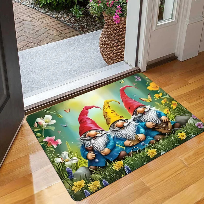 1pc Long-Haired Flannel + 0.39 inch Sponge Base Doorway Area Mat, Featuring Three Gnome Figurines And a Floral Print Design, Made of Polyester, Non-Slip And