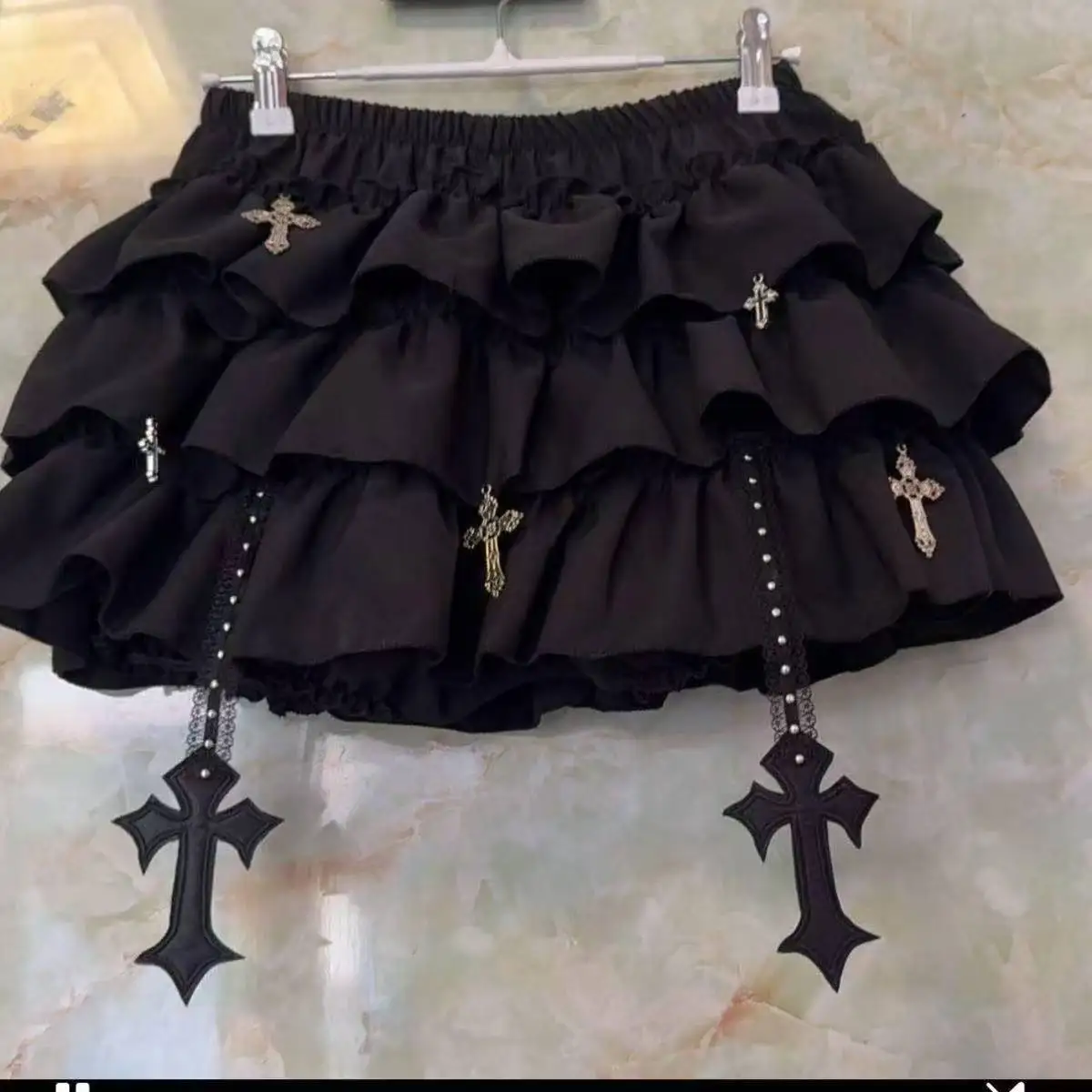 Women's Sweet Ruffle Mini Skirt High-Waisted Lace Trim Puffy Tiered Cake Skirt Gothic Cross Pendant Short Skirt