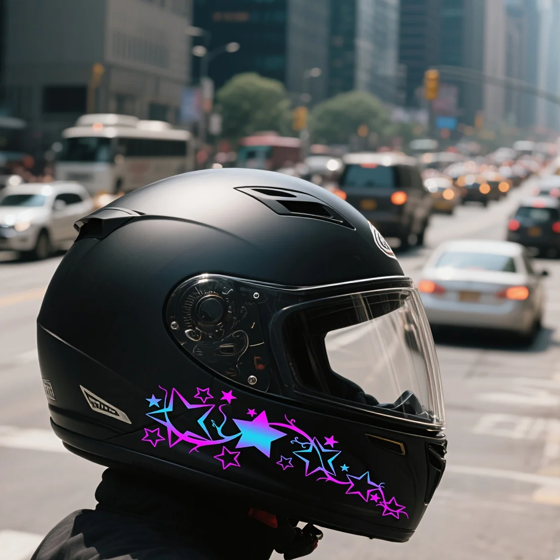 Adesivos de PVC à prova d'água com estrela preta brilhante em gradiente 2D para decoração de carros, motos e capacetes.