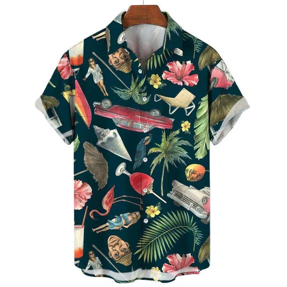 Summer Fashion Men\'s Short Sleeve Shirt Hawaiian Coconut Tree Print Street Casual Seaside Vacation Oversized Men\'s Shirt Tops