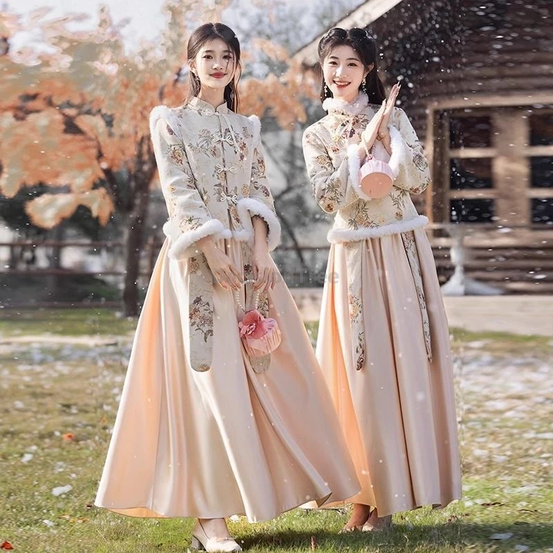 

Комплект одежды для подружки невесты в китайском стиле, 2021, элитный дизайн, элегантный темпераментный костюм Ципао, утепленная теплая зимняя хлопковая одежда