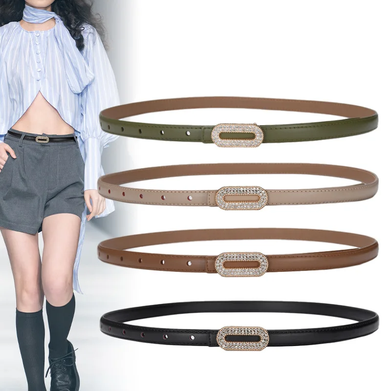 Fashion Women's Leather Belt Sparkling Rhinestone Oval Buckle Thin Waistband for Party Dress Daily Outfits