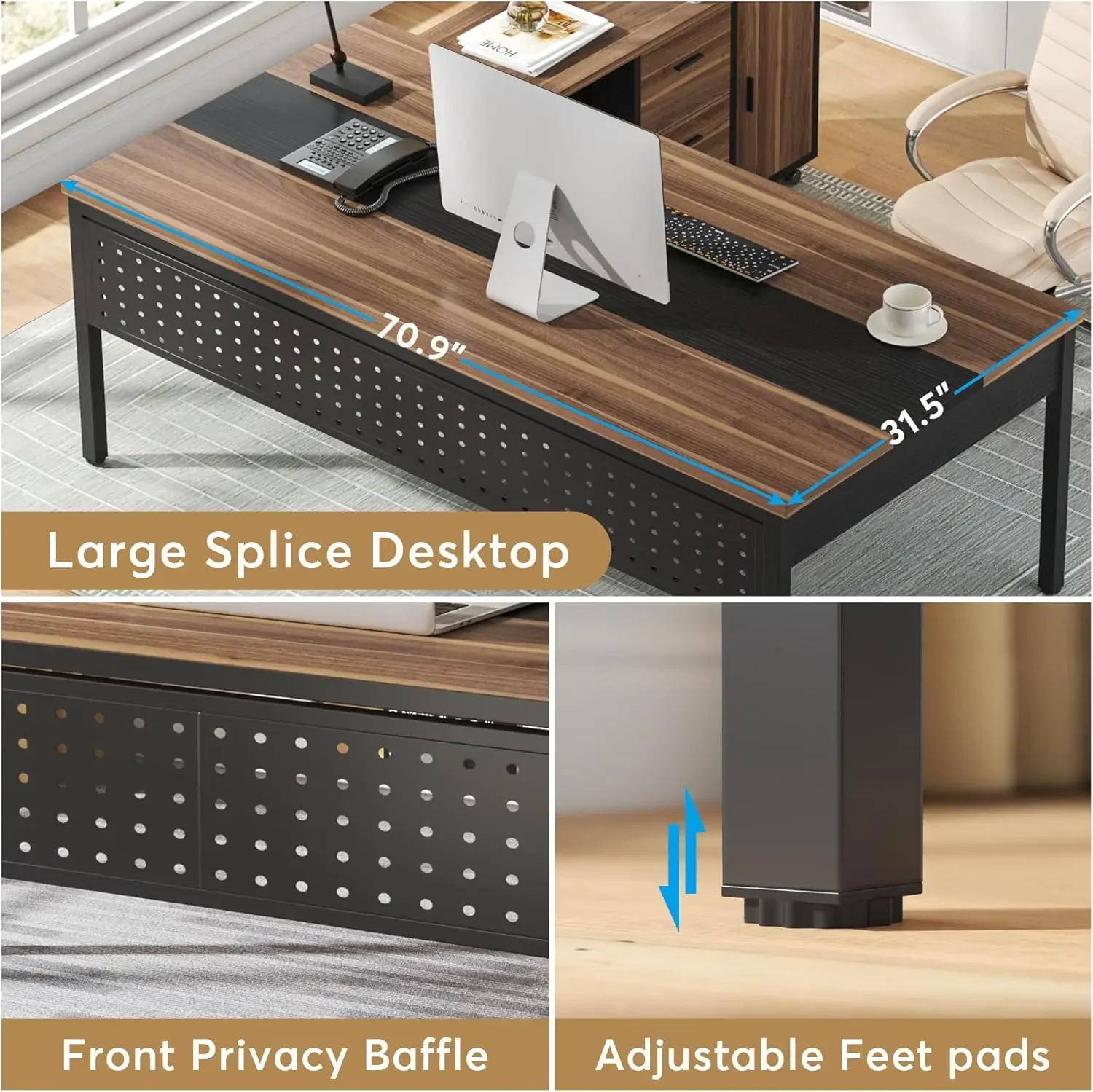 Tribesigns 70.8" Large Executive Office Desk and 47" Lateral File Cabinet Combo, L-Shaped Computer Desk 2 Piece Business