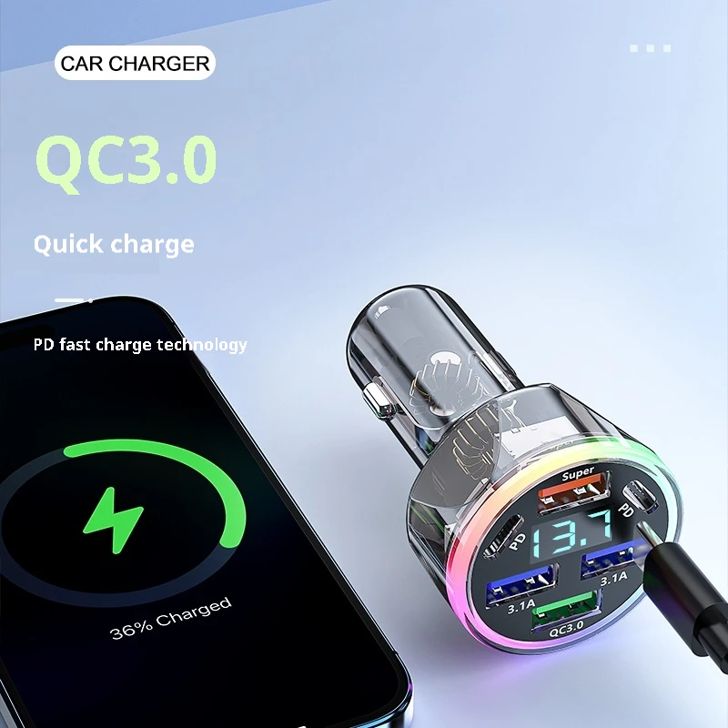 USB C Car Phone Charger Dual PD 4 in 1 with Voltage Display Super Fast Charge Adapter QC 3.0 for iPhone Xiaomi Oppo Vivo Samsung