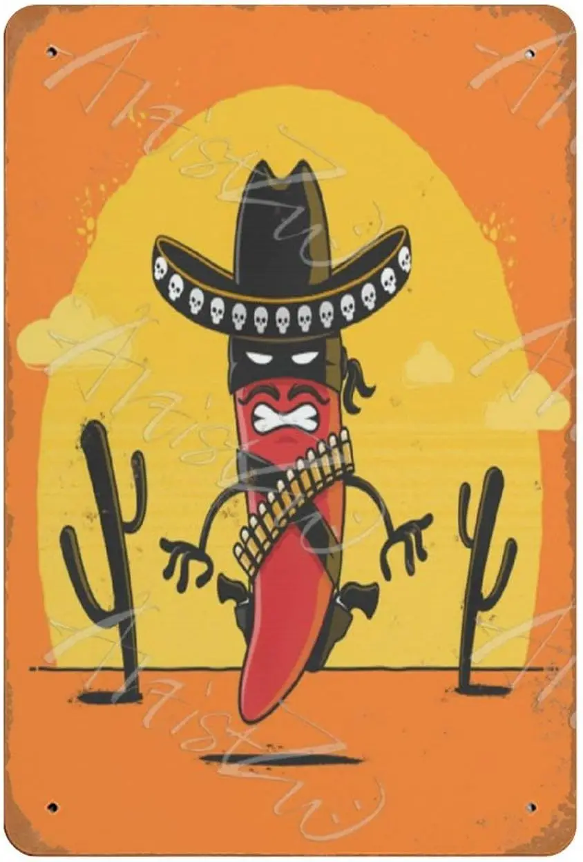 Letrero Metálico Vintage de Pimiento Rojo Picante, Diseño Mexicano Desperado, Decoración Retro de Aluminio para Casa, Bar, Pub, Placa, Póster