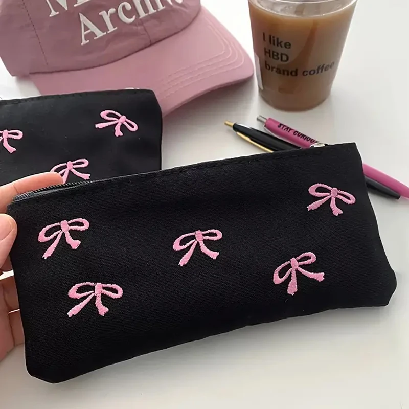 Cute Sweet Girl Heart Embroidered Bow Pencil Case Stationery Bag Square Shape Cosmetics Storage Bag Pencil Case Writing Supplies