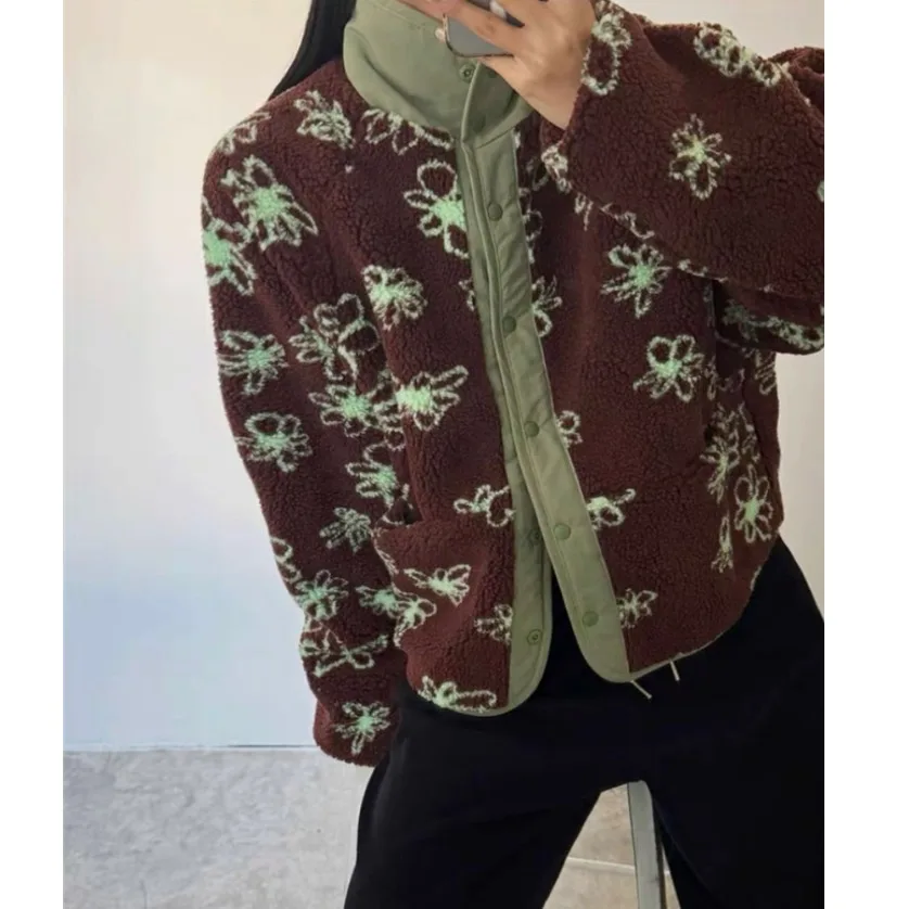 

Двусторонний носимый маленький бархатный хлопковый джат с цветочным принтом ягненка, женский модный осенне-зимний новый кардиган, пальто