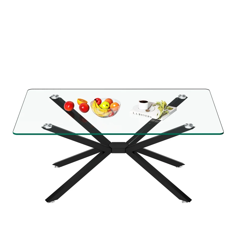 39.37" Rectangular Clear Tempered Glass Table Stylish With Black Metal Legs Coffee Table For Living Room Exquisite Simplicity