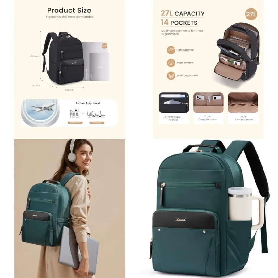 

Laptop Backpack for Women with Leather Trim and Tumbler Pockets,"Work Backpack Purse, Travel Personal Item Bag, Carry On Busess