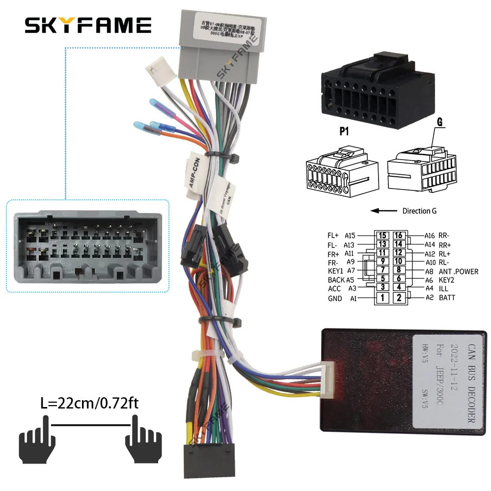 SKYFAME-Adaptador de arnés de cableado de 16 pines para coche, decodificador de caja Canbus, Cable de alimentación Android para Jeep Commander Chrysler 300C Pacifica