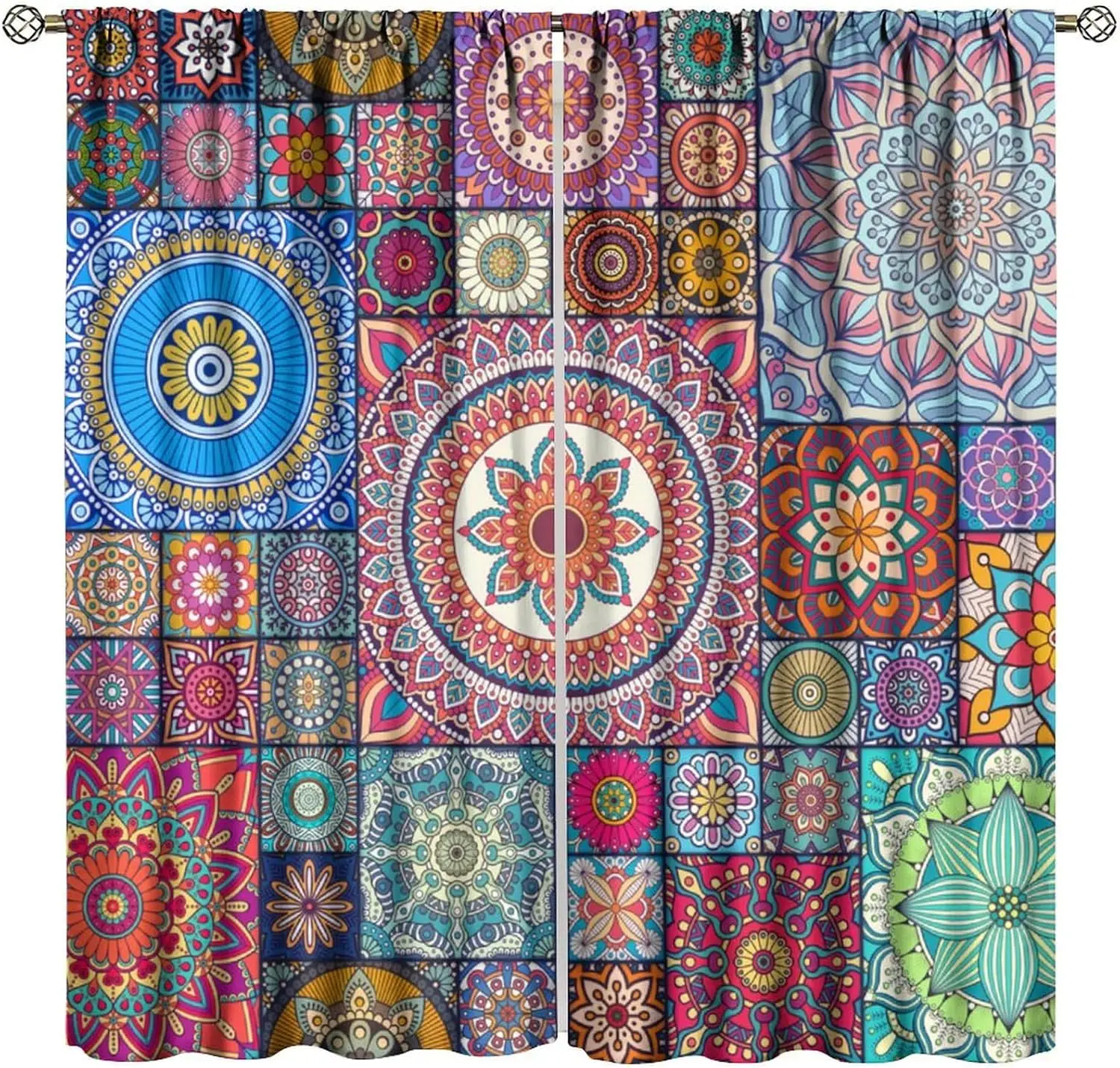 Bohemian Curtain Colorful Vintage Floral Mandala Flower Aztec Boho Window Home Decorative for Home Kitchen Restaurant Decoration