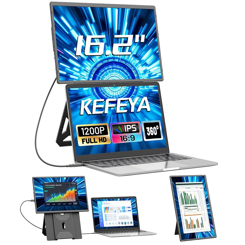 Kefeya 16,2" laptopbeeldschermvergroter, 1920×1200 FHD IPS draagbare monitor, 16:10, 1000:1 contrast, 300 nit, 360 ° Magnetische standaard, ultradunne USB-C Mini HDMI externe monitor, eenvoudig aan
