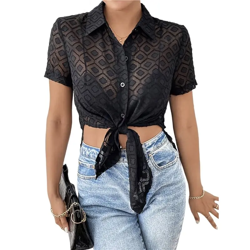 

CYL-Women's Short Sleeve Button Down Crochet Shirt Crop Top Blouse