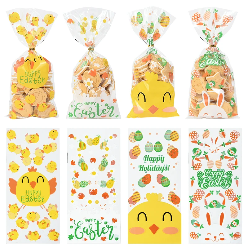 50pcs Easter Candy Cookie Bags Rabbit Chick Eggs Plastic Bag with Twist Ties Gift Packaging Pouch Happy Easter Party Decoration