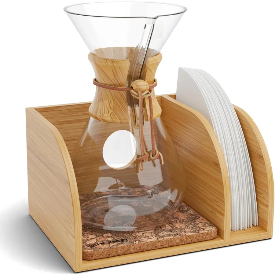 

Caddy for Pour Over Coffee Maker Bamboo Stand fits Chemex Bodum Cosori Coffee Carafes Heatproof Mat Filter Holder for Drip Coff