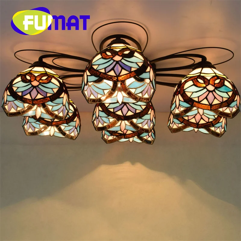 FUMAT Tiffany glass multi-head ceiling light deco the living room pendant light Restaurant bar Baroque style overhead light