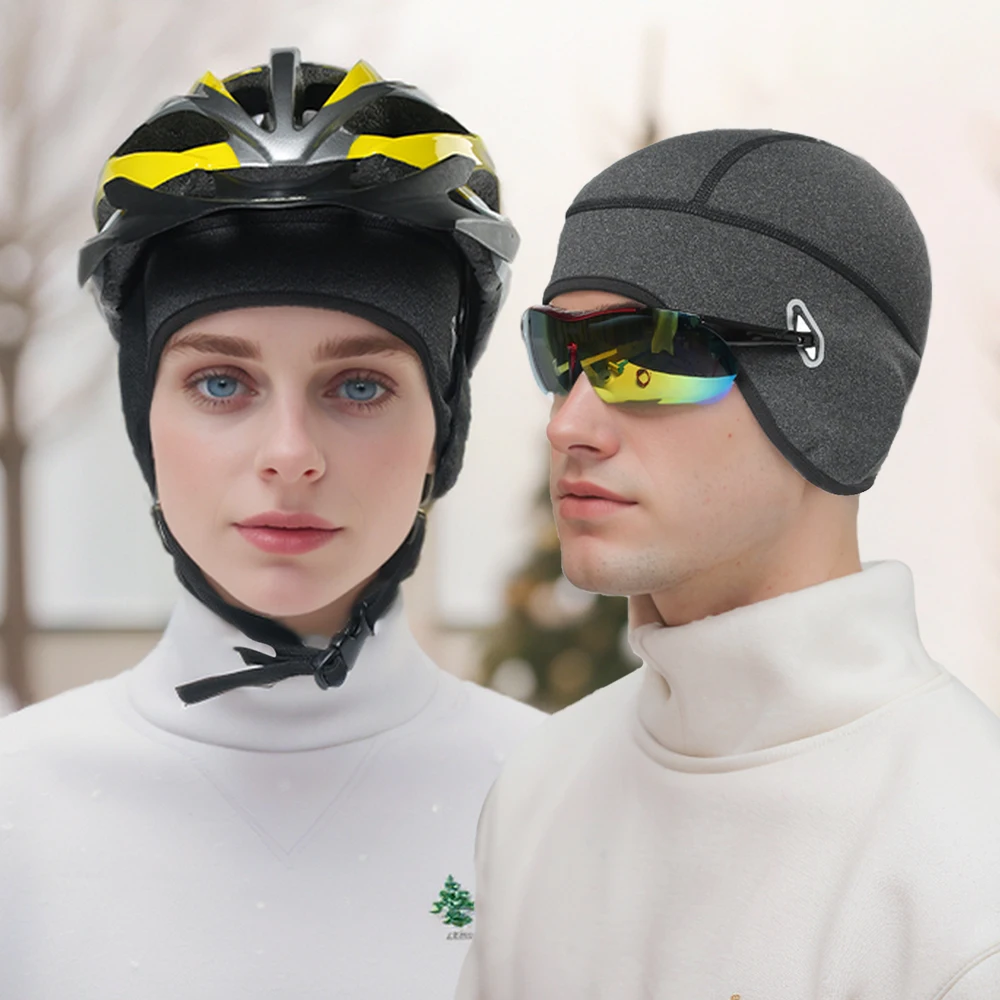 Winter Cycling Cap Windproof Warm Fleece Thermal Helmet Liner Beanies Hat Hiking Skiing Ear Protection Cap with Glasses Hole