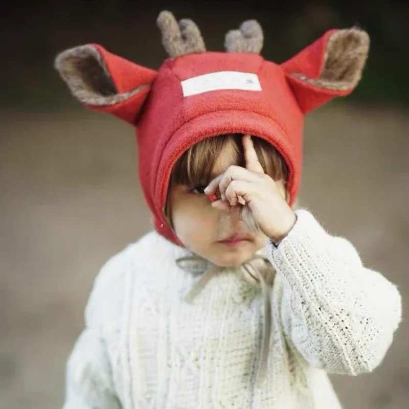 Winter Boy Girl Baby Lovely Warm Full Wool Cap  Fawn Bear\'s Ears Cartoon Animal Hooded Caps Child Lovely Frenulum Basin Caps