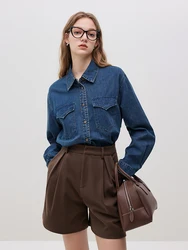 FSLE-Camisa jeans velha lavada feminina com bolsos grandes, 100% algodão, top feminino, design elegante, retrô, outono, inverno, 2023, novo